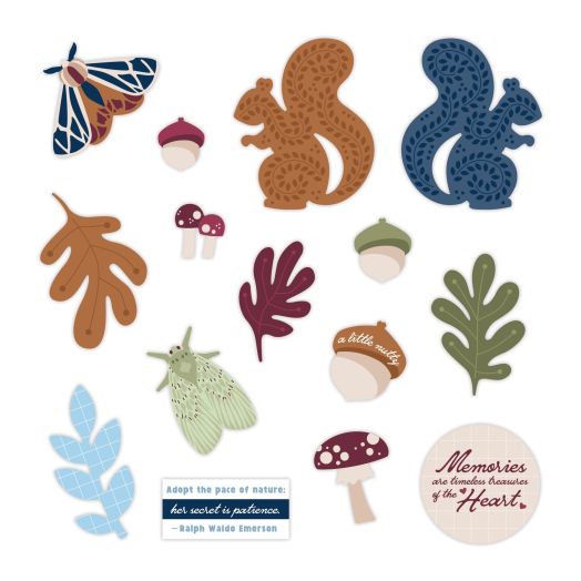 Autumn-themed scrapbook embellishments, including moths, leaves, acorns, mushrooms, squirrels and titles like A Little Nutty on an acorn.