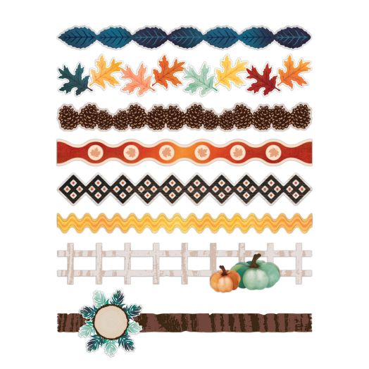 Eight Golden Harvest Layered Border Embellishments with fall icons like pinecones, leaves, a fence with gourds and more.