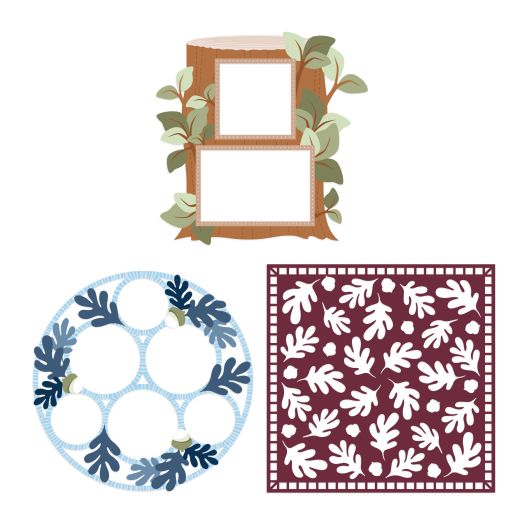 3 laser-cut papers: 1 tree stump design with leaves and 2 photo frames; 1 circular paper with leaves and 6 interior circles; 1 square paper with acorn and leaves cutouts spanning the paper.