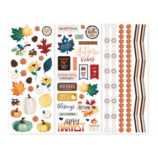 3 sheets of Golden Harvest Stickers on a white background. Stickers include fall-themed icons like sunflowers, gourds and leaves, titles like Autumn Vibes, and complementing border stickers.