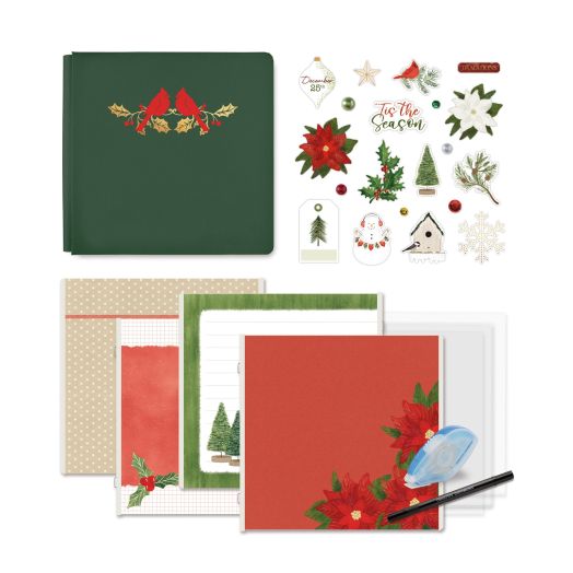 Seasonal Sightings Fast2Fab Bundle product preview on white background. Includes Fast2Fab Album, Fast2Fab Refill Pages with Christmas themed designs, foiled die cut embellishments, a Tape Runner and Black Dual-Tip Pen.